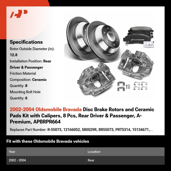 2002-2004 Oldsmobile Bravada Disc Brake Rotors and Ceramic Pads Kit with Calipers, 8 Pcs, Rear Driver & Passenger, A-Premium, APBRPR664