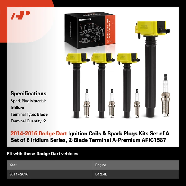 2014-2016 Dodge Dart Ignition Coils & Spark Plugs Kits Set of A Set of 8 Iridium Series, 2-Blade Terminal A-Premium APIC1587