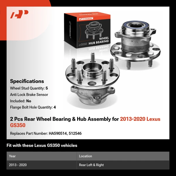 2 Pcs Rear Wheel Bearing & Hub Assembly for 2013-2020 Lexus GS350