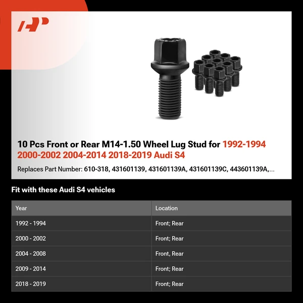 10 Pcs Front or Rear M14-1.50 Wheel Lug Stud for 1992-1994 2000-2002 2004-2014 2018-2019 Audi S4
