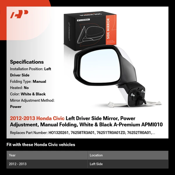 2012-2013 Honda Civic Left Driver Side Mirror, Power Adjustment, Manual Folding, White & Black A-Premium APMI010