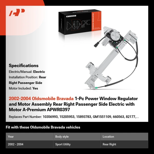 2002-2004 Oldsmobile Bravada 1-Pc Power Window Regulator and Motor Assembly Rear Right Passenger Side Electric with Motor A-Premium APWR0397