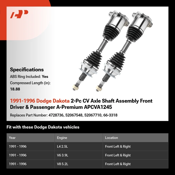 1991-1996 Dodge Dakota 2-Pc CV Axle Shaft Assembly Front Driver & Passenger A-Premium APCVA1245