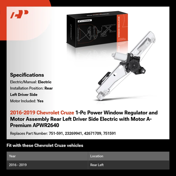 2016-2019 Chevrolet Cruze 1-Pc Power Window Regulator and Motor Assembly Rear Left Driver Side Electric with Motor A-Premium APWR2640