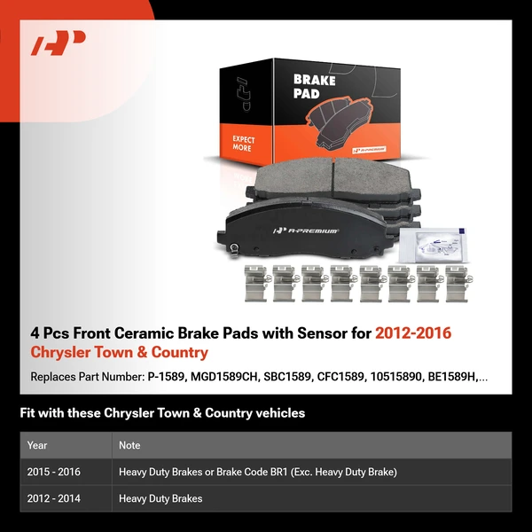 4 Pcs Front Ceramic Brake Pads with Sensor for 2012-2016 Chrysler Town & Country
