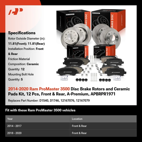 2014-2020 Ram ProMaster 3500 Disc Brake Rotors and Ceramic Pads Kit, 12 Pcs, Front & Rear, A-Premium, APBRPR1971