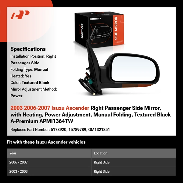 2003 2006-2007 Isuzu Ascender Right Passenger Side Mirror, with Heating, Power Adjustment, Manual Folding, Textured Black A-Premium APMI1364TW