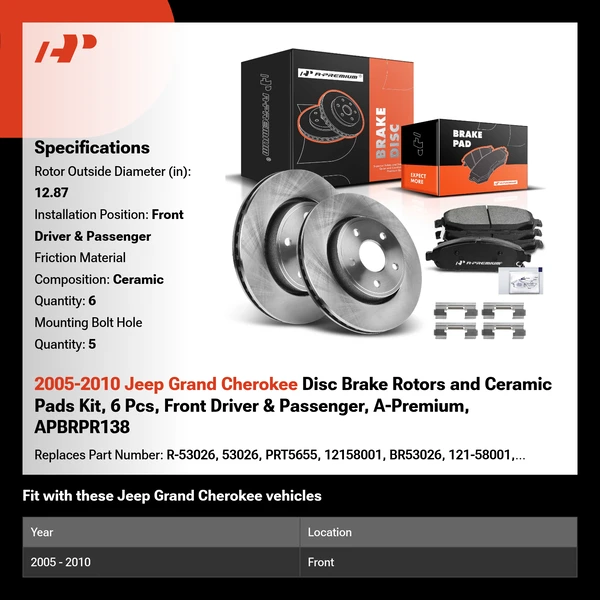 2005-2010 Jeep Grand Cherokee Disc Brake Rotors and Ceramic Pads Kit, 6 Pcs, Front Driver & Passenger, A-Premium, APBRPR138