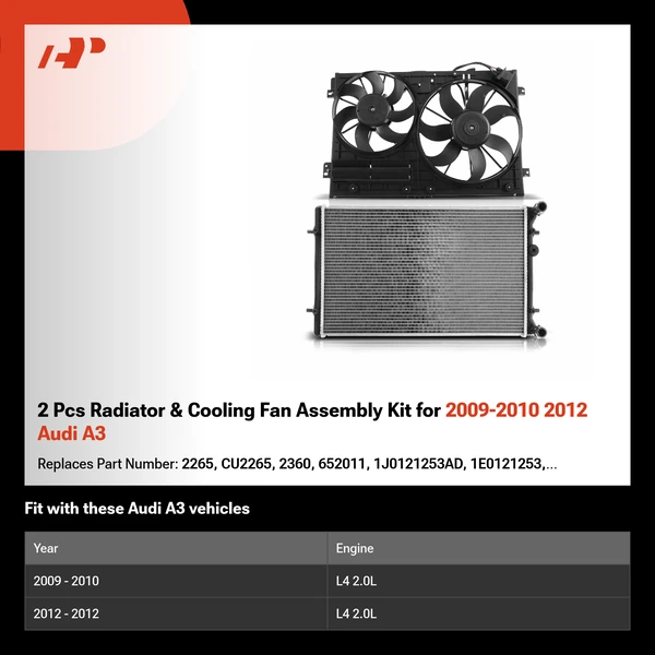 2 Pcs Radiator & Cooling Fan Assembly Kit for 2009-2010 2012 Audi A3