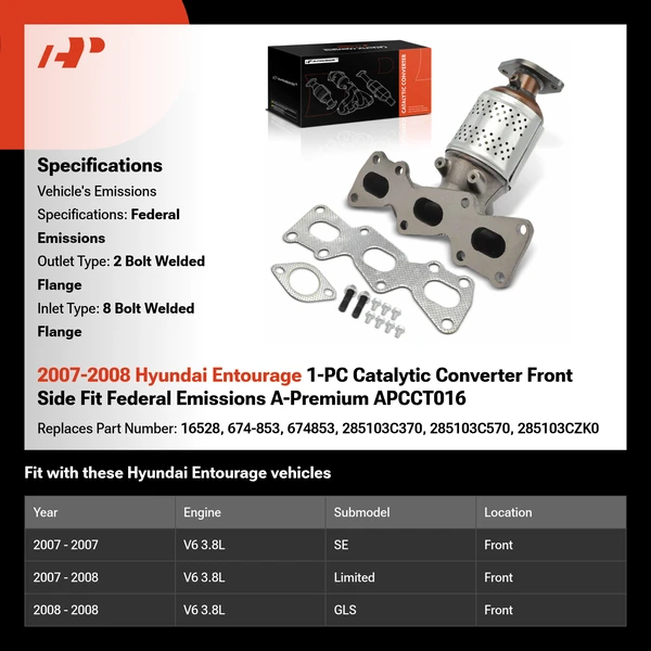 2007-2008 Hyundai Entourage 1-PC Catalytic Converter Front Side Fit Federal Emissions A-Premium APCCT016