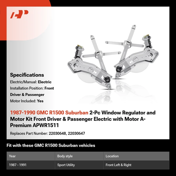 1987-1990 GMC R1500 Suburban 2-Pc Window Regulator and Motor Kit Front Driver & Passenger Electric with Motor A-Premium APWR1511