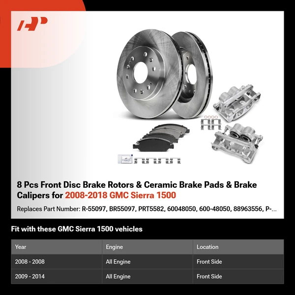 8 Pcs Front Disc Brake Rotors & Ceramic Brake Pads & Brake Calipers for 2008-2018 GMC Sierra 1500