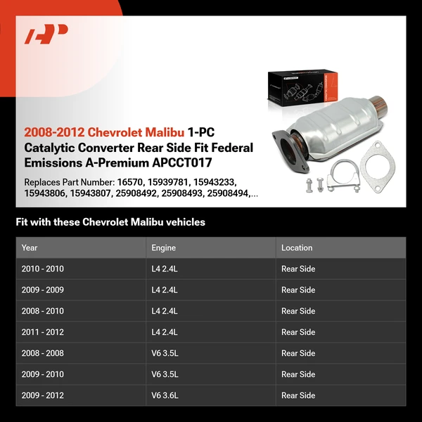 2008-2012 Chevrolet Malibu 1-PC Catalytic Converter Rear Side Fit Federal Emissions A-Premium APCCT017