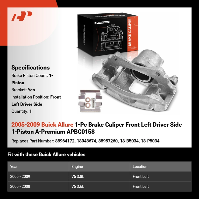 2005-2009 Buick Allure 1-Pc Brake Caliper Front Left Driver Side 1-Piston A-Premium APBC0158