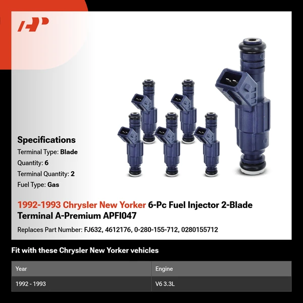 1992-1993 Chrysler New Yorker 6-Pc Fuel Injector 2-Blade Terminal A-Premium APFI047