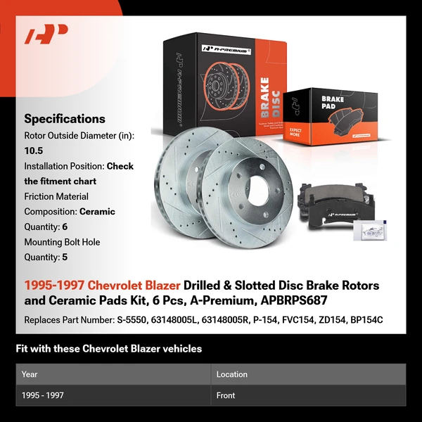 1995-1997 Chevrolet Blazer Drilled & Slotted Disc Brake Rotors and Ceramic Pads Kit, 6 Pcs, A-Premium, APBRPS687