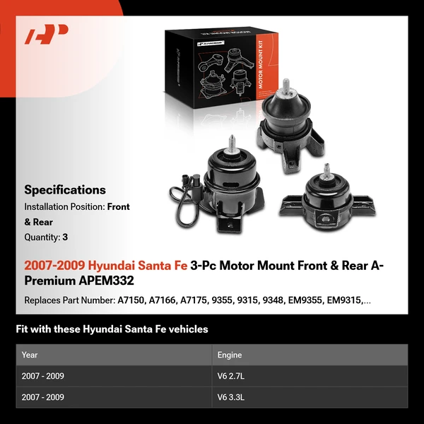 2007-2009 Hyundai Santa Fe 3-Pc Motor Mount Front & Rear A-Premium APEM332