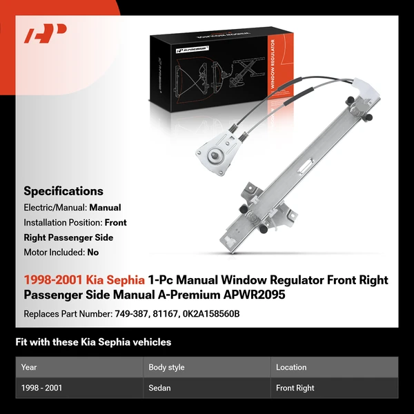 1998-2001 Kia Sephia 1-Pc Manual Window Regulator Front Right Passenger Side Manual A-Premium APWR2095