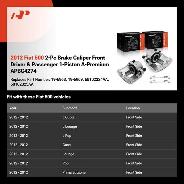 2012 Fiat 500 2-Pc Brake Caliper Front Driver & Passenger 1-Piston A-Premium APBC4274