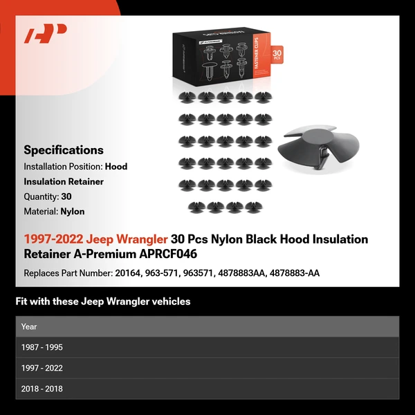 1997-2022 Jeep Wrangler 30 Pcs Nylon Black Hood Insulation Retainer A-Premium APRCF046