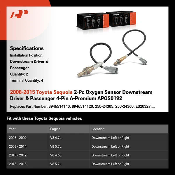 2008-2015 Toyota Sequoia 2-Pc Oxygen Sensor Downstream Driver & Passenger 4-Pin A-Premium APOS0192