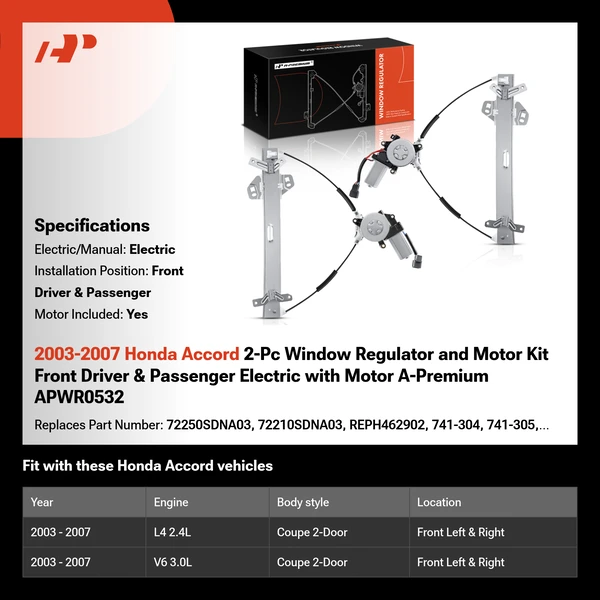 2003-2007 Honda Accord 2-Pc Window Regulator and Motor Kit Front Driver & Passenger Electric with Motor A-Premium APWR0532