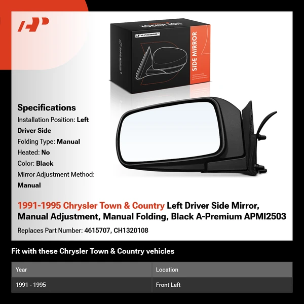 1991-1995 Chrysler Town & Country Left Driver Side Mirror, Manual Adjustment, Manual Folding, Black A-Premium APMI2503
