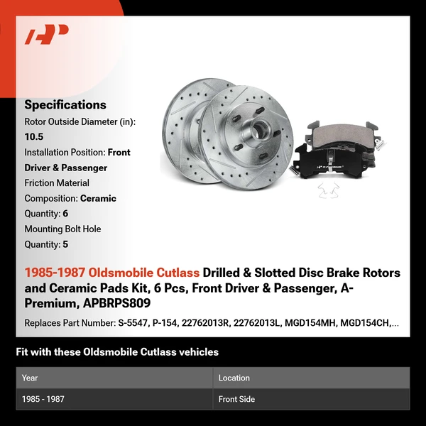 1985-1987 Oldsmobile Cutlass Drilled & Slotted Disc Brake Rotors and Ceramic Pads Kit, 6 Pcs, Front Driver & Passenger, A-Premium, APBRPS809