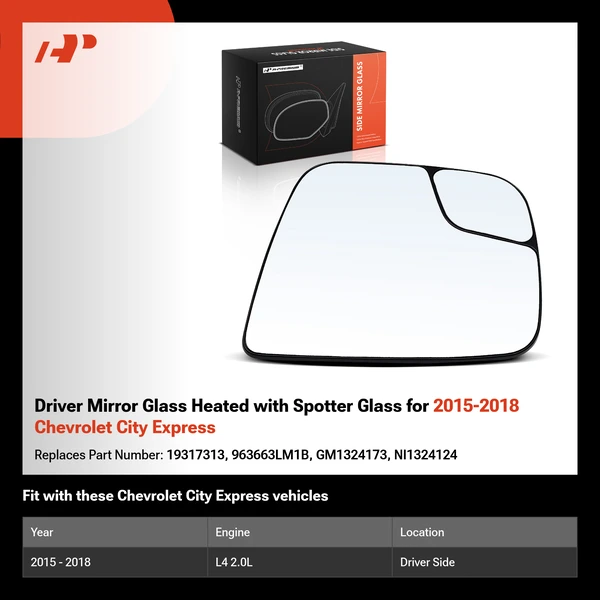Driver Mirror Glass Heated with Spotter Glass for 2015-2018 Chevrolet City Express