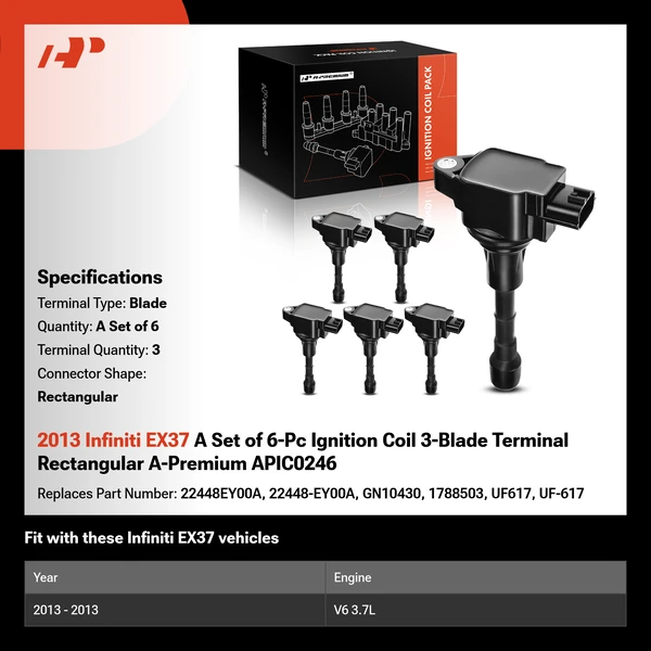 2013 Infiniti EX37 A Set of 6-Pc Ignition Coil 3-Blade Terminal Rectangular A-Premium APIC0246
