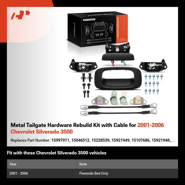 Metal Tailgate Hardware Rebuild Kit with Cable for 2001-2006 Chevrolet Silverado 3500