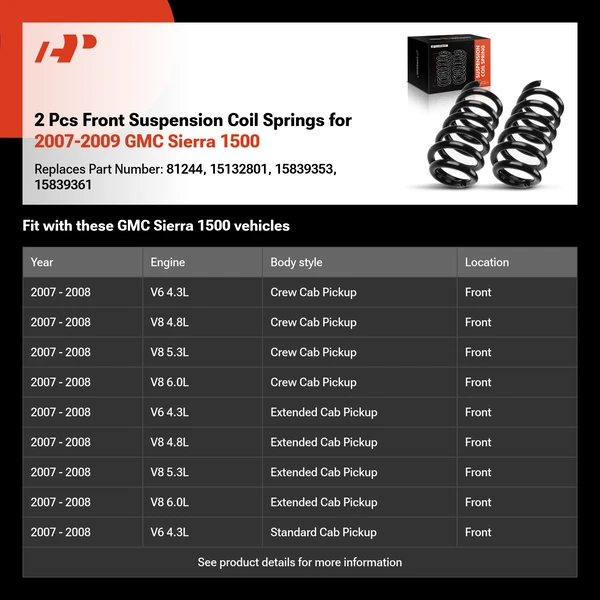 2 Pcs Front Suspension Coil Springs for 2007-2009 GMC Sierra 1500