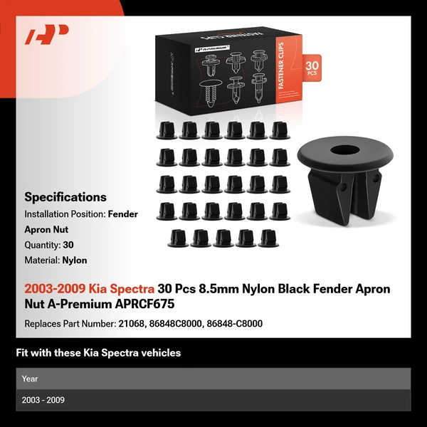 2003-2009 Kia Spectra 30 Pcs 8.5mm Nylon Black Fender Apron Nut A-Premium APRCF675