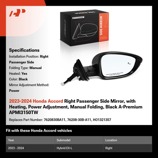 2023-2024 Honda Accord Right Passenger Side Mirror, with Heating, Power Adjustment, Manual Folding, Black A-Premium APMI3150TW