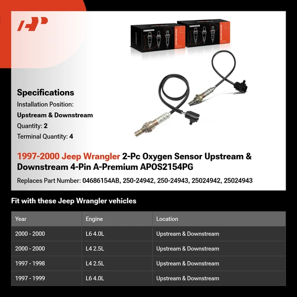 1997-2000 Jeep Wrangler 2-Pc Oxygen Sensor Upstream & Downstream 4-Pin A-Premium APOS2154PG