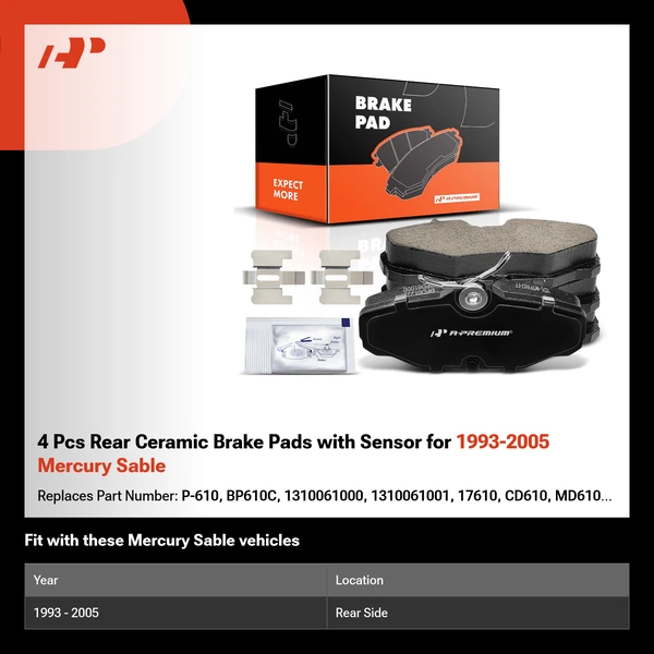 4 Pcs Rear Ceramic Brake Pads with Sensor for 1993-2005 Mercury Sable
