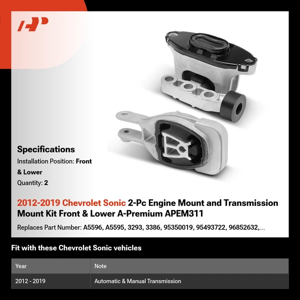 2012-2019 Chevrolet Sonic 2-Pc Engine Mount and Transmission Mount Kit Front & Lower A-Premium APEM311