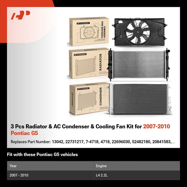 3 Pcs Radiator & AC Condenser & Cooling Fan Kit for 2007-2010 Pontiac G5