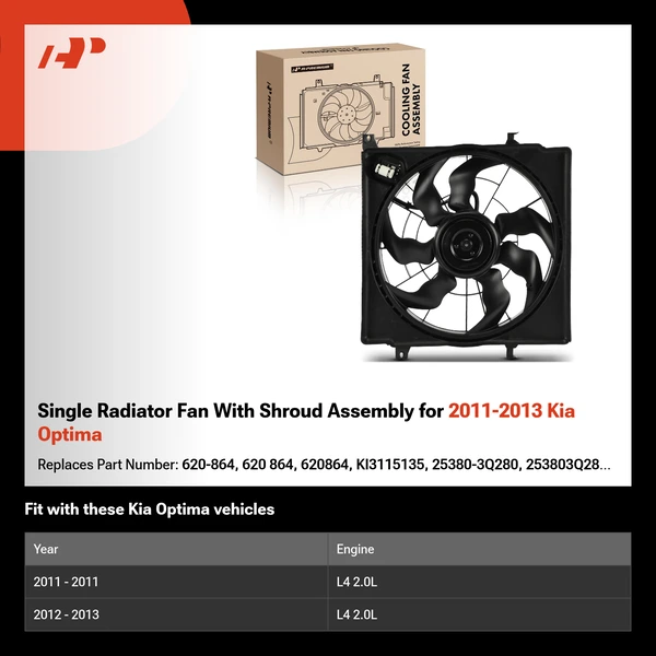 Single Radiator Fan With Shroud Assembly for 2011-2013 Kia Optima