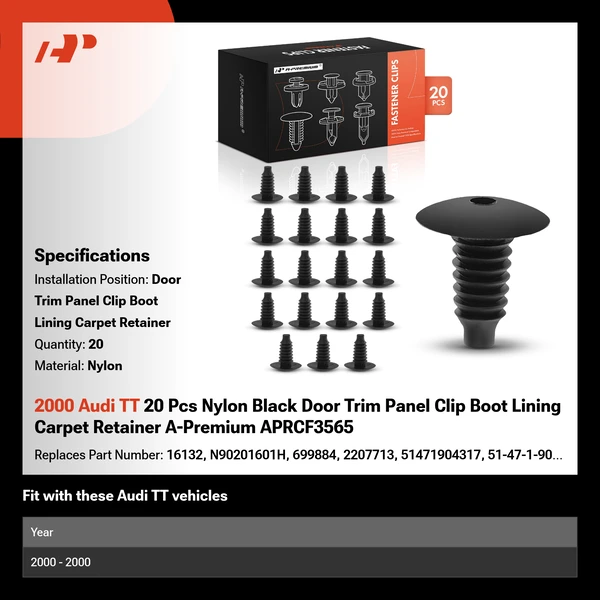 2000 Audi TT 20 Pcs Nylon Black Door Trim Panel Clip Boot Lining Carpet Retainer A-Premium APRCF3565