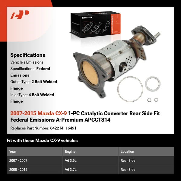 2007-2015 Mazda CX-9 1-PC Catalytic Converter Rear Side Fit Federal Emissions A-Premium APCCT314