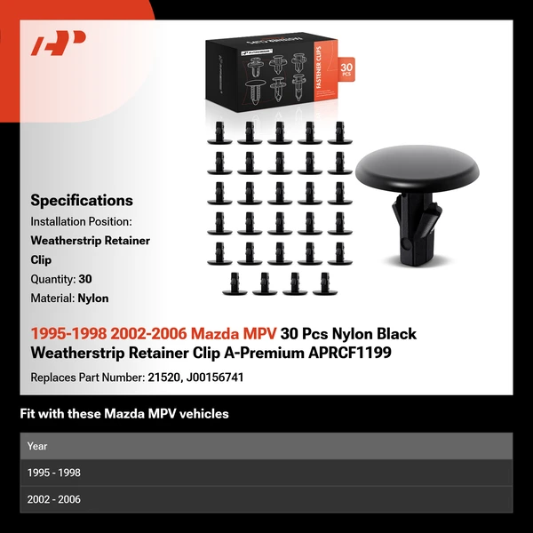 1995-1998 2002-2006 Mazda MPV 30 Pcs Nylon Black Weatherstrip Retainer Clip A-Premium APRCF1199