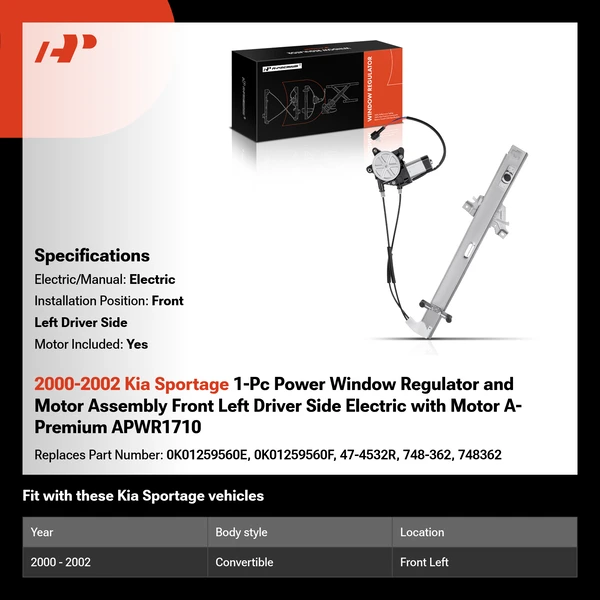 2000-2002 Kia Sportage 1-Pc Power Window Regulator and Motor Assembly Front Left Driver Side Electric with Motor A-Premium APWR1710