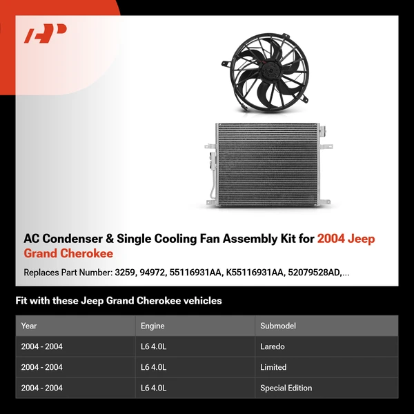 AC Condenser & Single Cooling Fan Assembly Kit for 2004 Jeep Grand Cherokee