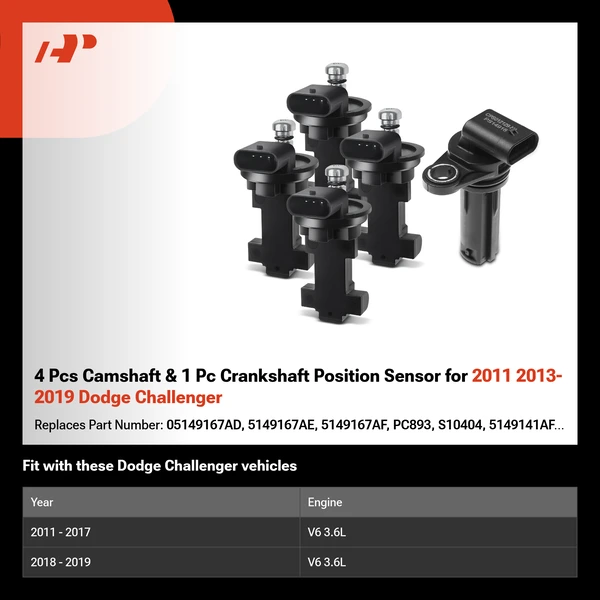 4 Pcs Camshaft & 1 Pc Crankshaft Position Sensor for 2011 2013-2019 Dodge Challenger