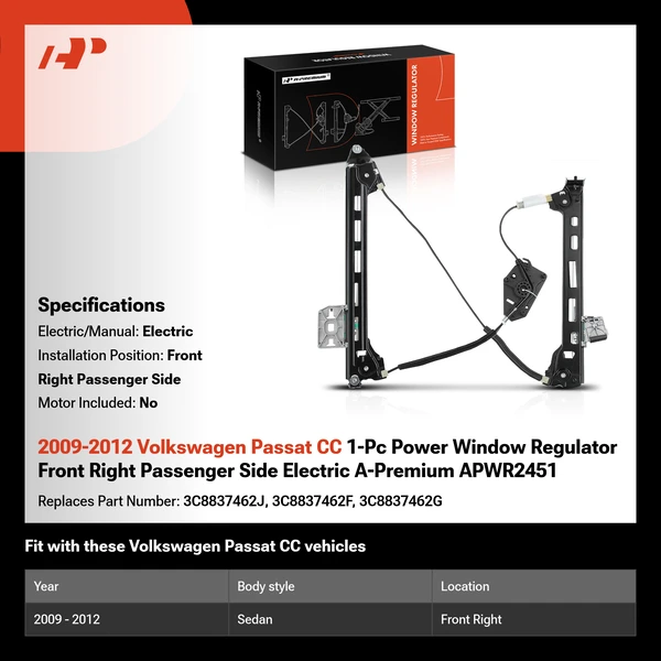 2009-2012 Volkswagen Passat CC 1-Pc Power Window Regulator Front Right Passenger Side Electric A-Premium APWR2451