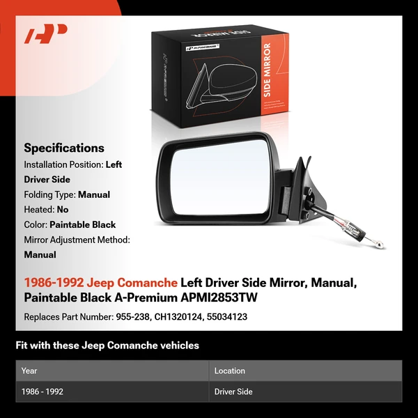 1986-1992 Jeep Comanche Left Driver Side Mirror, Manual, Paintable Black A-Premium APMI2853TW