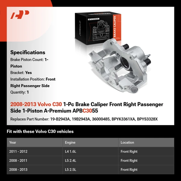 2008-2013 Volvo C30 1-Pc Brake Caliper Front Right Passenger Side 1-Piston A-Premium APBC3055
