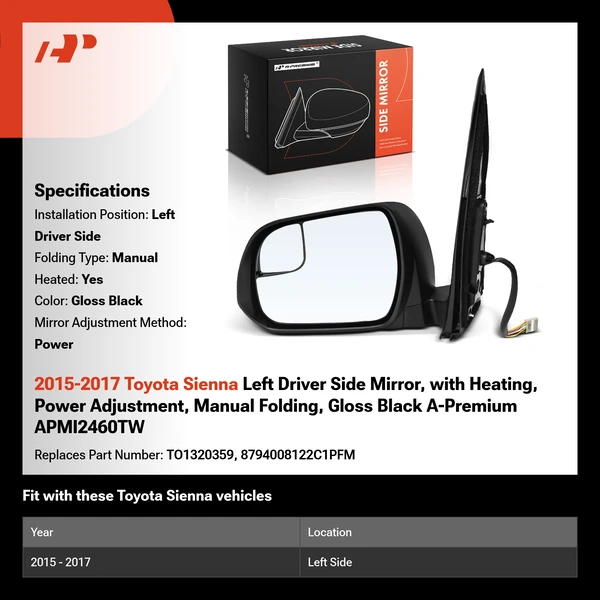 2015-2017 Toyota Sienna Left Driver Side Mirror, with Heating, Power Adjustment, Manual Folding, Gloss Black A-Premium APMI2460TW