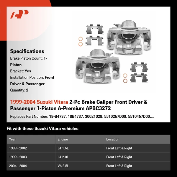 1999-2004 Suzuki Vitara 2-Pc Brake Caliper Front Driver & Passenger 1-Piston A-Premium APBC3272